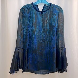 ELIE TAHARI silk blouse black blue pattern with sheer sleeves size XS